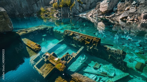 An abandoned quarry filled with crystal clear water, showing submerged machinery like a forgotten world. 