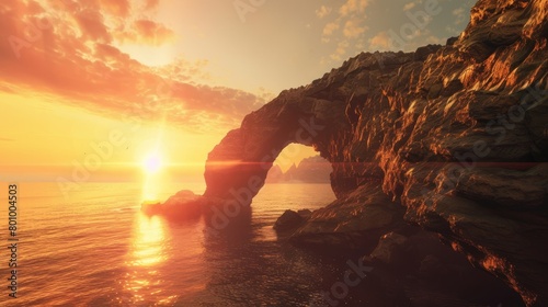 A cliffside where every evening, the setting sun aligns perfectly with a naturally formed stone archway.  photo