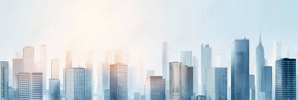 Soft morning sunlight spreads over a modern urban cityscape with tall buildings and a misty atmosphere