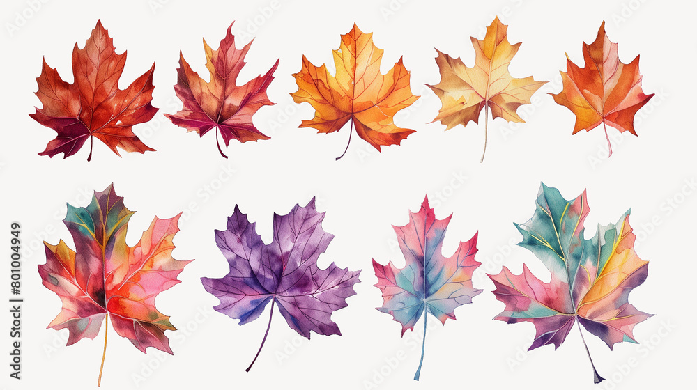 a set of autumn maple leaves drawing isolated in watercolor a set of autumn maple leaves drawing isolated in watercolor