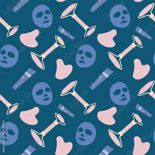 blue seamless pattern with pink guasha and roller and blue mask and face cream