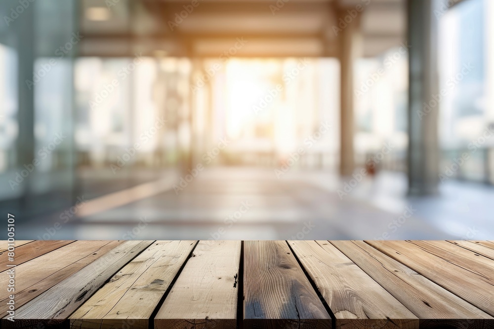Empty wood table top and blur glass window wall building banner mock up abstract background - can used for display or montage your products - generative ai Empty wood table top and blur glass window wall building banner mock up abstract background - can used for display or montage your products - generative ai