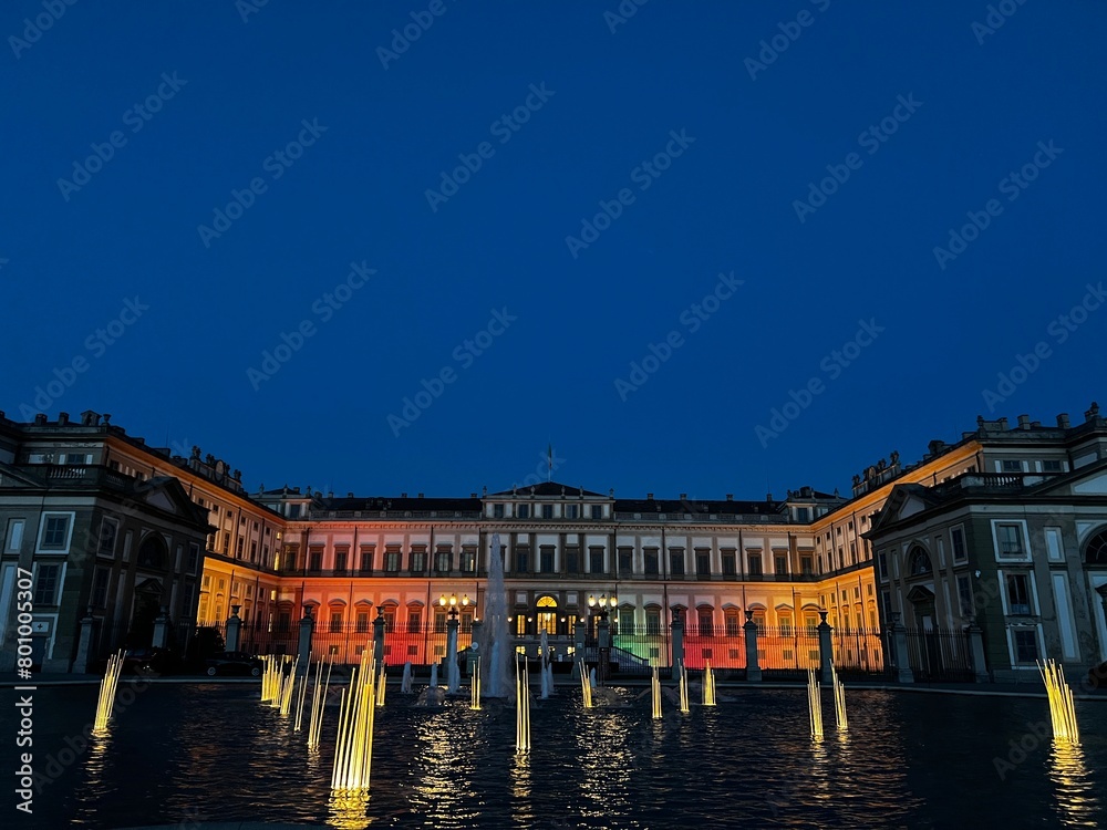 Villa Reale, Monza, Italy. view of the Villa Reale. Royal gardens and park of Monza. Palace, neoclassical building. Evening photo of the Villa