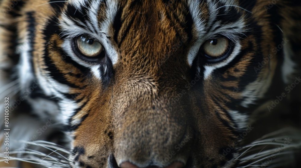 Vivid close-up of an Amur tiger's face, highlighting the intricate details of its whiskers and intense eyes in natural light