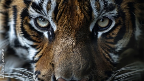 Vivid close-up of an Amur tiger s face  highlighting the intricate details of its whiskers and intense eyes in natural light