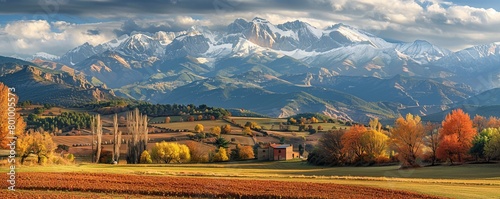 Captivating autumnal agricultural vista in Cerdanya, Girona, Spain, with the snow-capped Pyrenees mountains forming a stunning backdrop photo