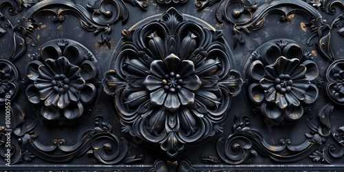 Intricate Dark Ornate Pattern Wallpaper. Black 3D Rosette Background.