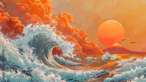 dynamic seascape with a massive wave curling and cresting, backlit by the setting sun in a vivid orange sky Japanese illustration style