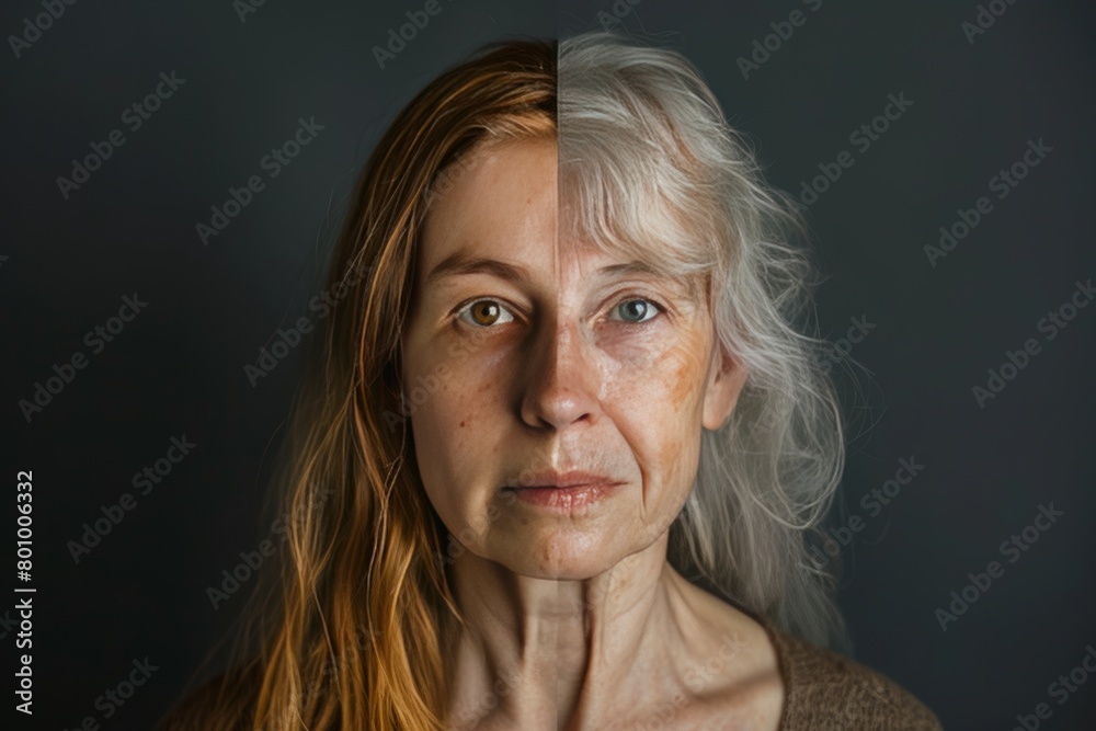 Aging vitality in young skin care red head contrasts age split visuals, supported by anti aging cosmetics and skincare adult management. Aging vitality in young skin care red head contrasts age split visuals, supported by anti aging cosmetics and skincare adult management.