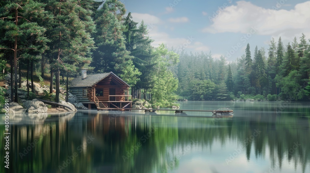A cabin is on a lake with a dock and a boat A cabin is on a lake with a dock and a boat