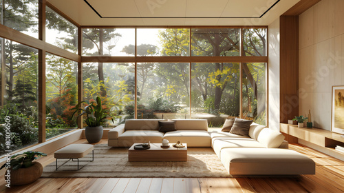 Interior of bright living room with cozy sofas near 