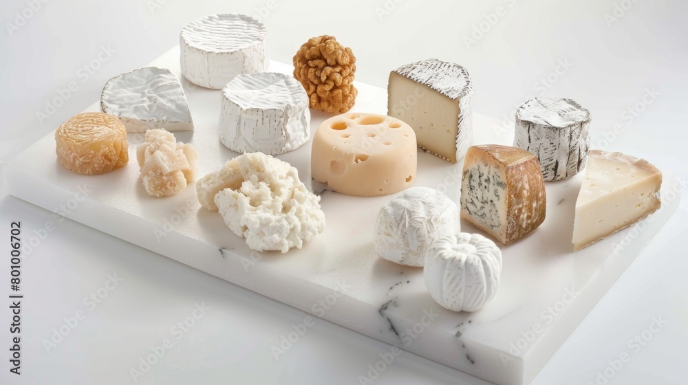 A white marble board with a variety of cheeses on it