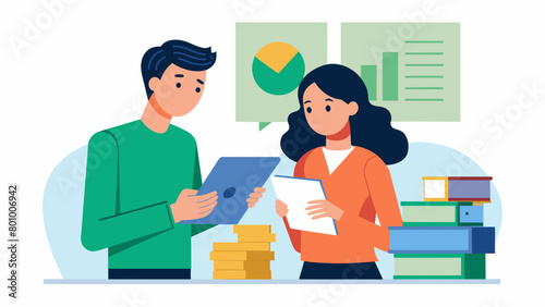 Two individuals looking over a stack of bank statements discussing ways to improve their overall financial stability.