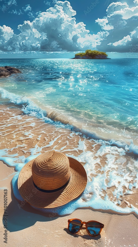 A peaceful beach scene, featuring a sun hat, sunglasses A peaceful beach scene, featuring a sun hat, sunglasses
