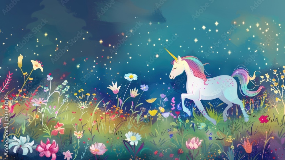 Naklejka premium Unicorn is running through a field of flowers for kid.