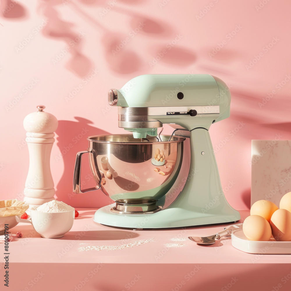 A high-end mixer in a pastel color surrounded by baking ingredients and utensils A high-end mixer in a pastel color surrounded by baking ingredients and utensils