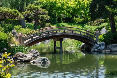 A bridge spans a body of water in a park