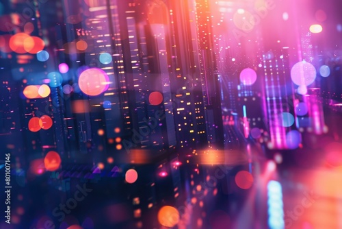 A cityscape with bright lights and a blurry bokeh background