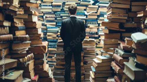 Concept of a businessman with books piled high around him, emphasizing the importance of acquiring wisdom and knowledge to excel in the world of business. #801007378