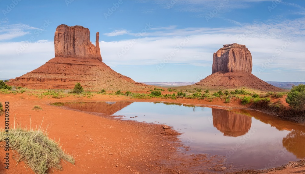 The two towers in Arizona desert reflected in a lake below
