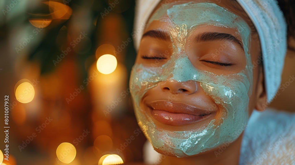 A glowing woman enjoying a luxurious facial mask, treating herself to an indulgent spa day at home for radiant skin. A glowing woman enjoying a luxurious facial mask, treating herself to an indulgent spa day at home for radiant skin.