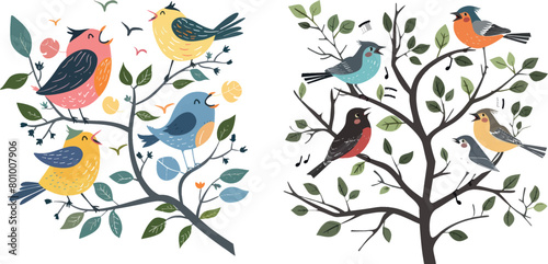 Bird songs. Singing birds friends on tree branches
