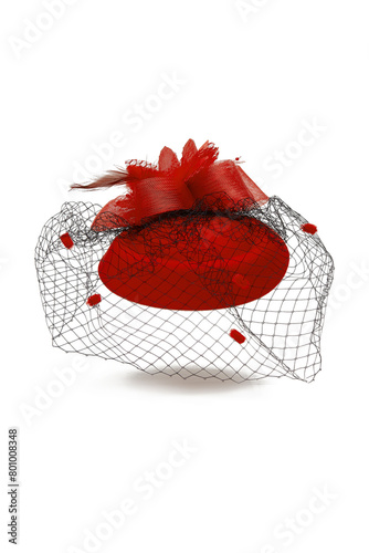 Close-up shot of a red felt pillbox hat with a veil decorated with volume flower, beads and feathers. The hat with an alligator clip is isolated on a white background. Front view.