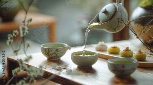 A serene setting of a Korean tea ceremony featuring delicate celadon ware photo