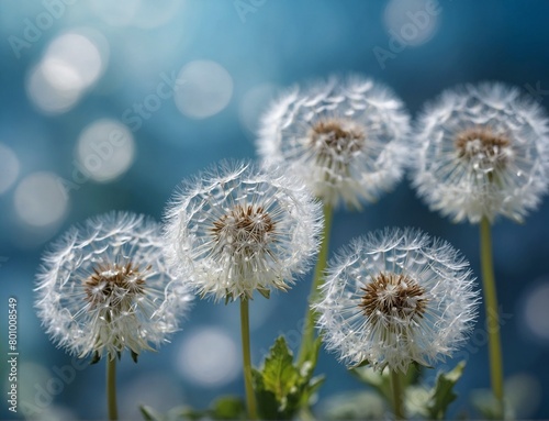 White light dandelions on a blue blurred background with bokeh