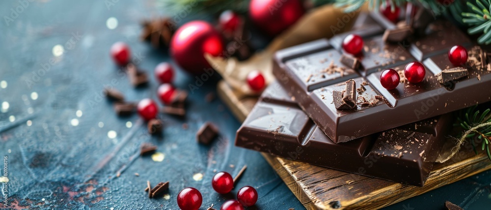Festive Dark Chocolate Bar with Red Christmas Ornaments on Rustic Background Festive Dark Chocolate Bar with Red Christmas Ornaments on Rustic Background