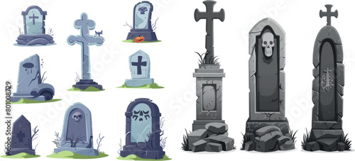Cartoon headstones. Scary gravestones stone crosses, halloween ring grave crypt or old tombstone of graveyard