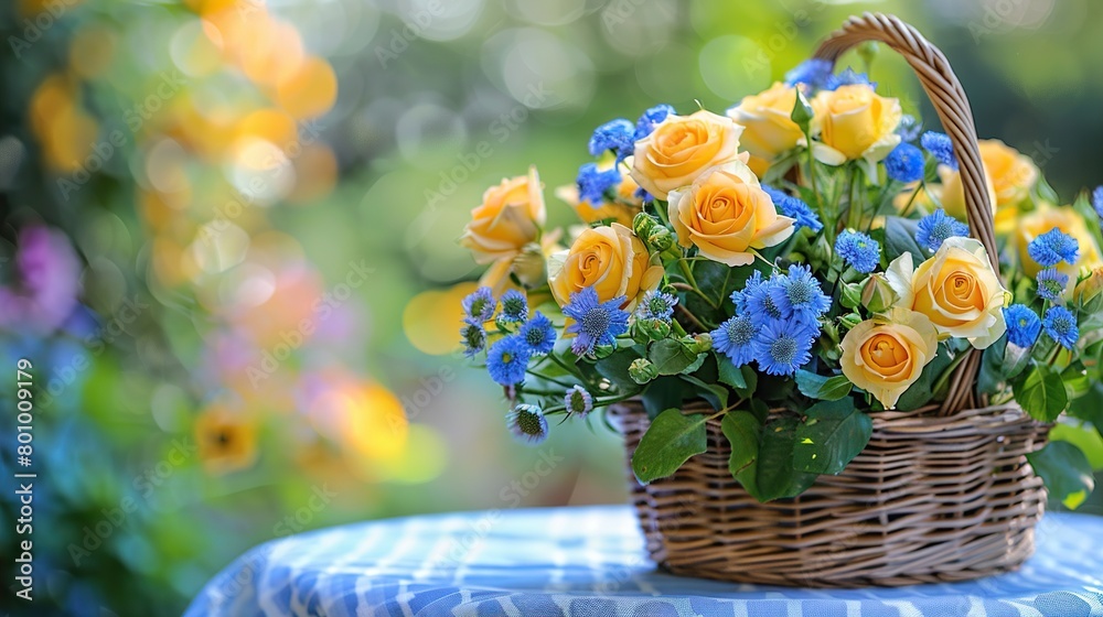 A wicker basket filled with yellow and blue flowers sits on a blue tablecloth.
