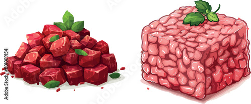 Cartoon mince. Ground meat minced pork red beefraw diced raw beef closeup, chopped cube lamb product uncooked forcemeat