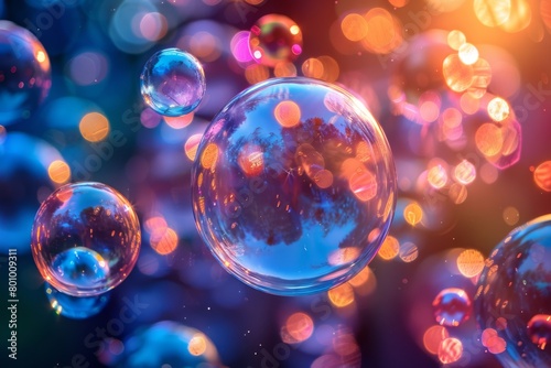 Soap bubbles with abstract bokeh background, 3d render