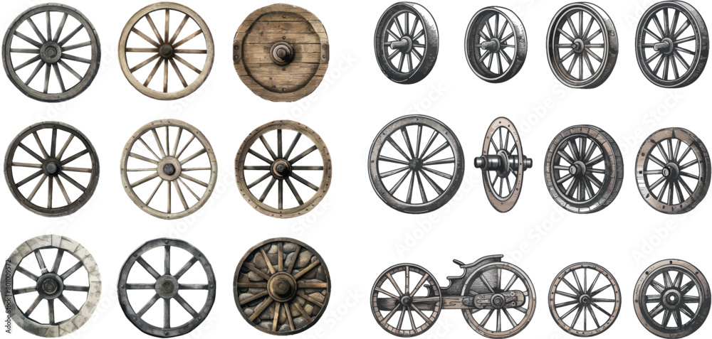 Wheels evolution. Wheel history from antique stone ring to car tire, rocks metal or wood rings old carriage,