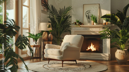Interior of modern living room with fireplace houseplant