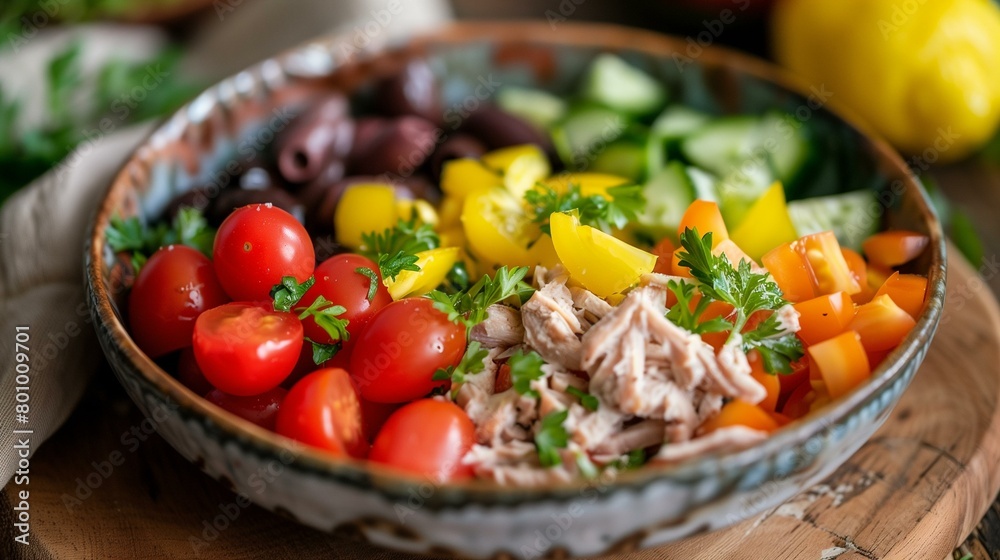 Nicoise salad, tuna salad with tomatoes, cucumbers, olives and herbs, plate crockery cooking eating appetizer