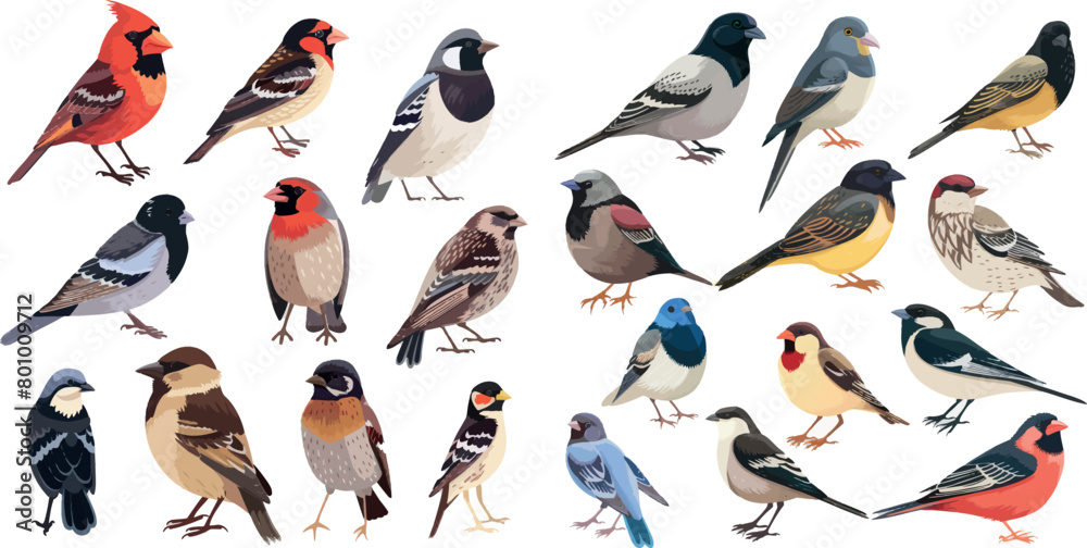 Common birds. Cartoon isolated city and forest bird pigeons sparrows bullfinch