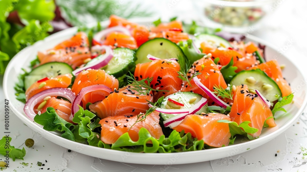 salmon salad with cucumber, red onion, and red pepper on white background, slice tomato meat eating sashimi salmon salad with cucumber, red onion, and red pepper on white background, slice tomato meat eating sashimi