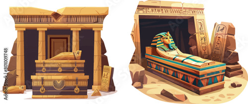 Egyptian tomb. Egypt tombs, underground palace inside pyramid, pharaoh sarcophagus afterlife coffin