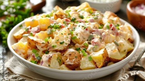 Loaded baked potato salad, bowl napkin parsley slice snack