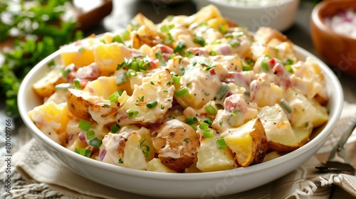 Loaded baked potato salad, bowl napkin parsley slice snack photo