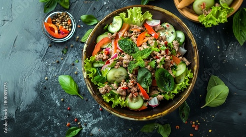 Larb salad with meat, vegetables and herbs, onion crockery cooking snack table