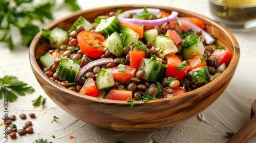 Greek lentil salad, bowl of lentil salad, eating onion parsley meat cooking