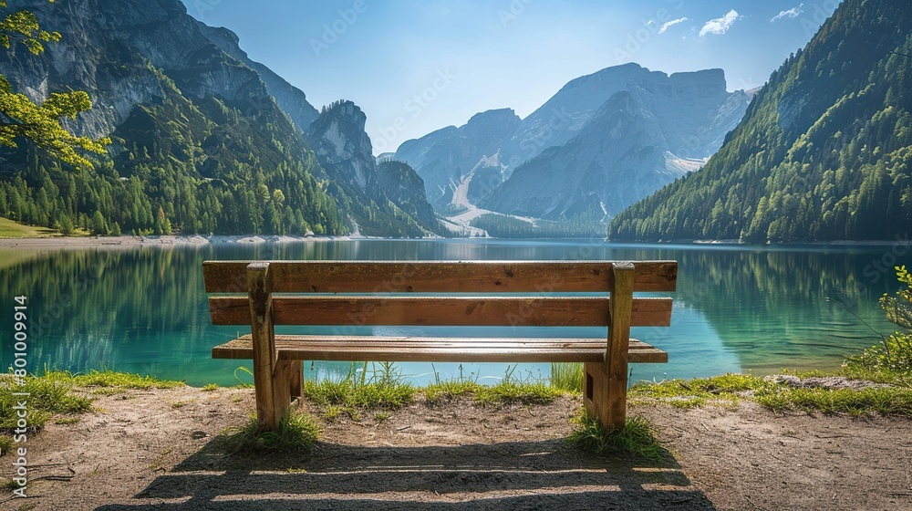 There is a wooden bench in the foreground of the picture. Behind the bench is a lake and in the background are snow-capped mountains. The sky is blue and there are some clouds in the sky.