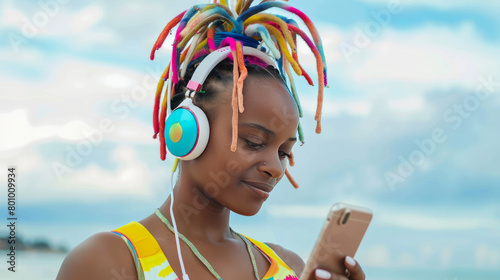 african american woman with colorful dreadlocks and headphones on the beach © tetxu