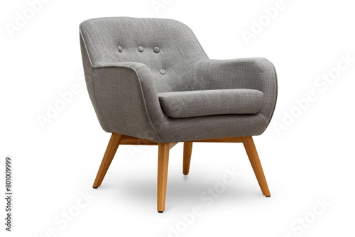 Scandinavian-style accent chair with gray fabric and wooden legs isolated on solid white background.