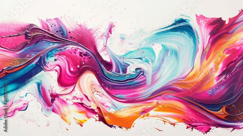 Energetic swirls of magenta, turquoise, and tangerine set against a pristine white field.