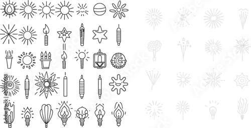 Fireworks and celebration thin line signs vector