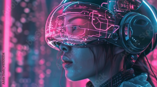 Young Woman in Futuristic VR Gear Against Neon Cityscape 